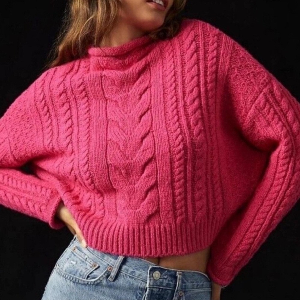 PILCRO Anthropologie Pink Cable Knit Mock Neck Cropped‎ Sweater Sz XS Fisherman